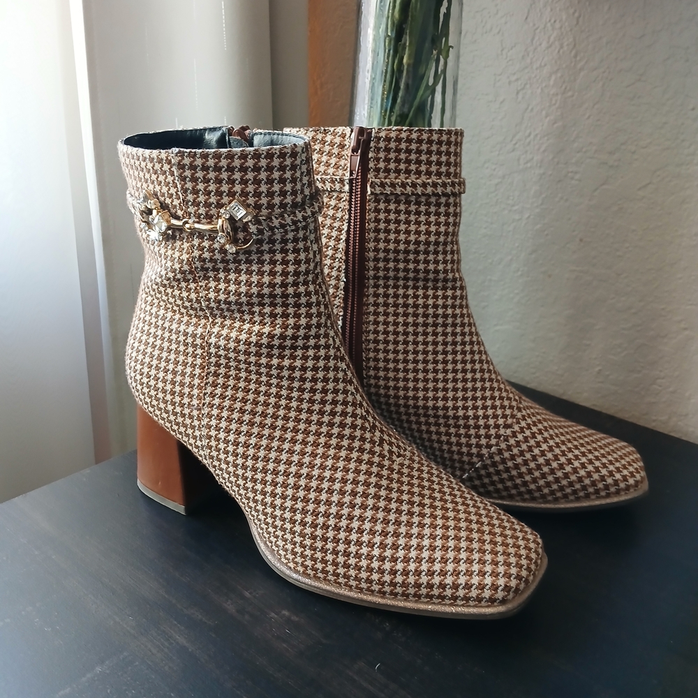 Brown Houndstooth Ankle Boots